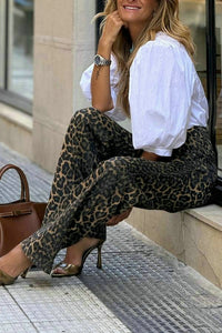 V neck Puff Sleeve White Shirt High Waist Retro Leopard Print Wide Leg Pants Two Piece Sets - Modestly Vogue 