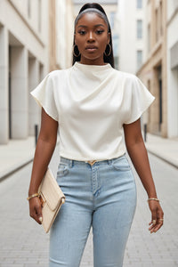 Women’s Pleated Satin Top – Round Neck Short Sleeve Blouse - Modestly Vogue 