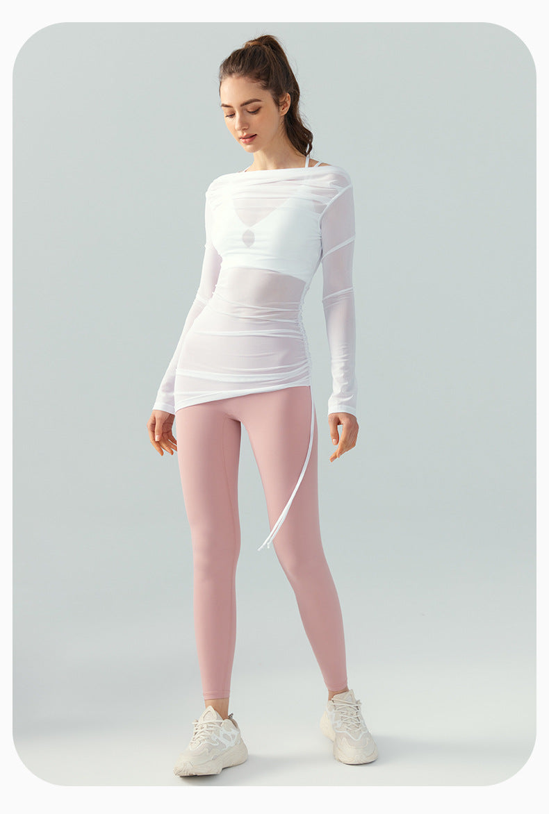 Long Sleeve Mesh Yoga Blouse Off-Shoulder Sports Top