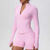 Stand Collar Knitted Long Sleeve Zipper Yoga Jacket - Modestly Vogue 