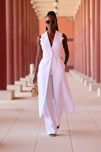 Summer Linen White with Collared Sleeveless Solid Color Work Pant Two Piece Set - Modestly Vogue 