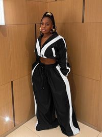Black Zipper Waist Stitching Contrast Color Oversized Super Trendy Two Piece Suit