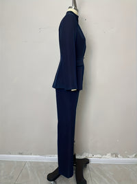 High End Stand Collar Single Button Slim Fit Figure Flattering Blazer with Bootcut Trousers Two Piece Sets - Modestly Vogue 