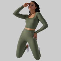 Seamless Knitted Long Sleeve Exercise Workout Pants Quick Drying Jacquard Breathable Hip Lifting Running Yoga Clothes Suit
