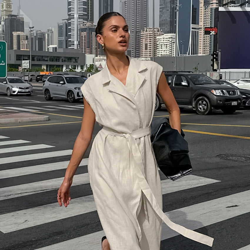 Spring Summer Cotton Linen Belted Office Dress for Women - Modestly Vogue 