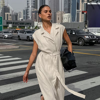 Spring Summer Cotton Linen Belted Office Dress for Women - Modestly Vogue 