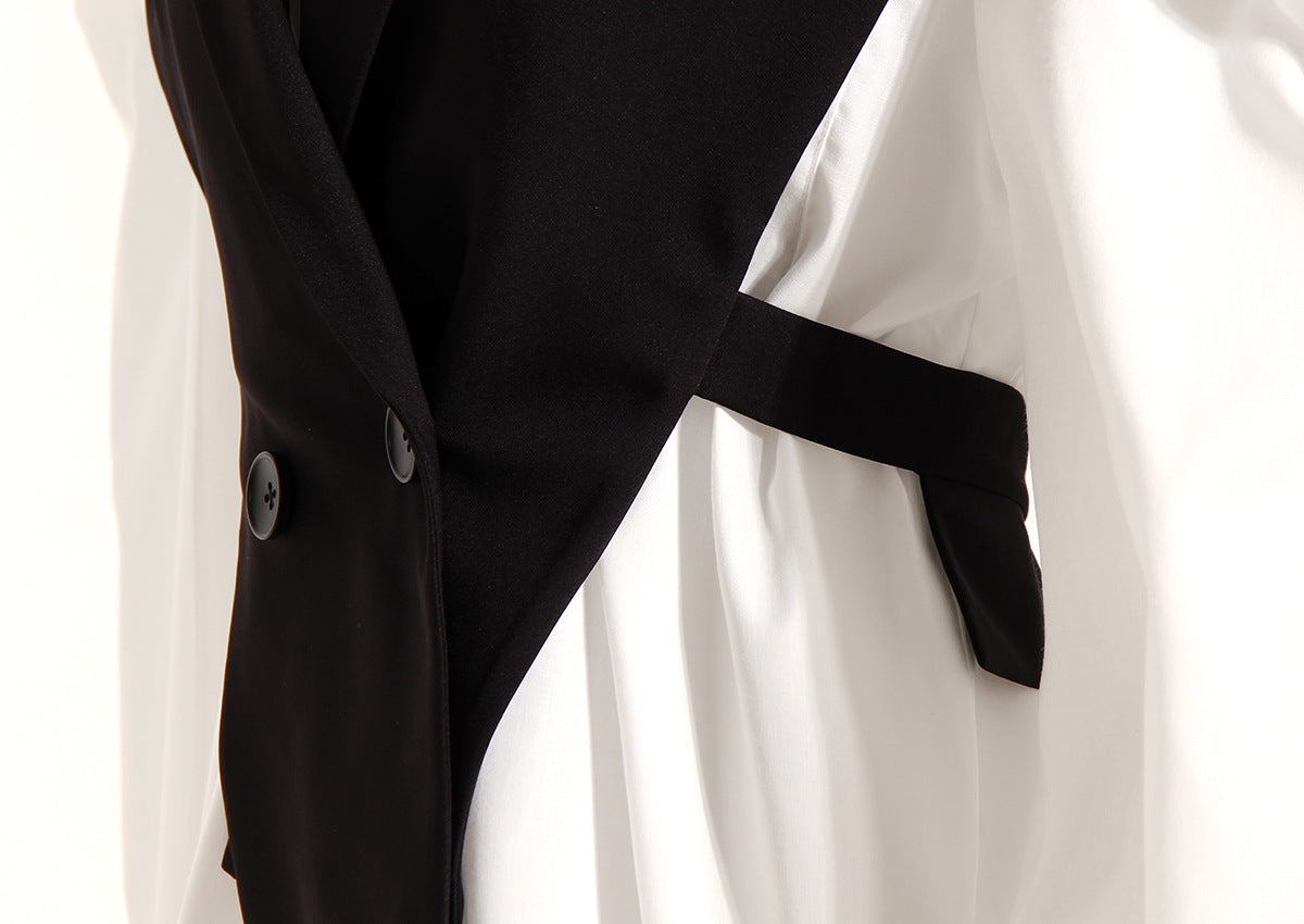 Black Elegant Outfit Slimming Puff Sleeve White Shirt Waist Trimming Lace up Two Piece Vest Set