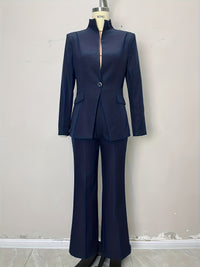 High End Stand Collar Single Button Slim Fit Figure Flattering Blazer with Bootcut Trousers Two Piece Sets - Modestly Vogue 