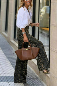 V neck Puff Sleeve White Shirt High Waist Retro Leopard Print Wide Leg Pants Two Piece Sets - Modestly Vogue 