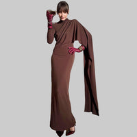 Brown Elegant High Neck Long Sleeves Flowing Scarf Maxi Dress - Modestly Vogue 
