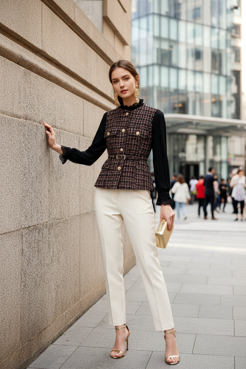 French Socialite Chanel Elegant Vest Coat Women Autumn Lace up Top - Modestly Vogue 