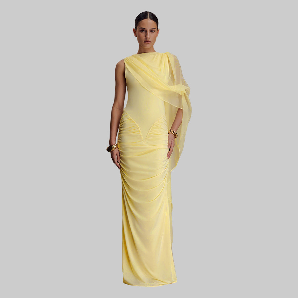 Fashionable Pleated Mesh Shawl Dress Sheath