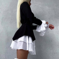 Black & White Color Contrast A-Line Dress – V Neck Flared Sleeves