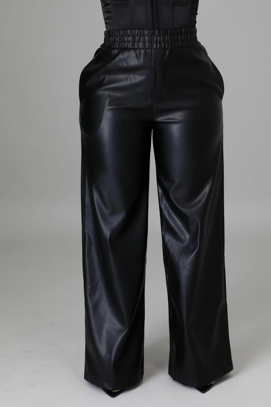 Women Clothing Solid Color Loose Wide Leg Pocket Faux Leather Pants - Modestly Vogue 