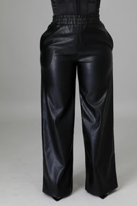 Women Clothing Solid Color Loose Wide Leg Pocket Faux Leather Pants - Modestly Vogue 