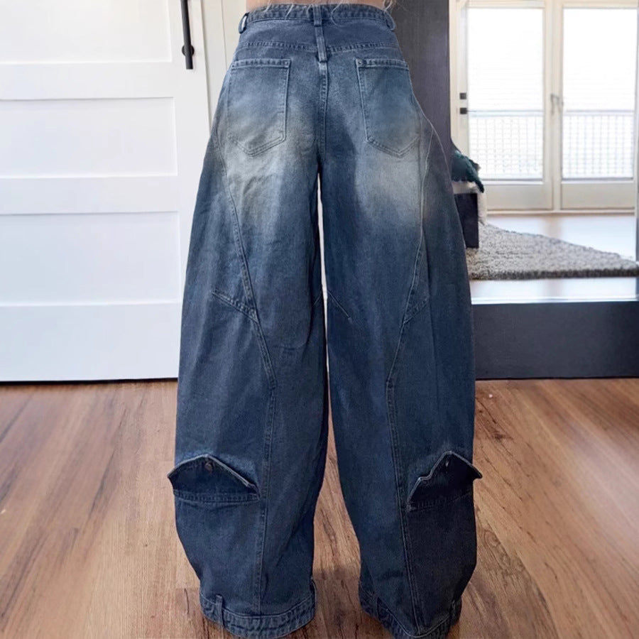Washed Distressed Pocket Wide Loose Jeans Women
