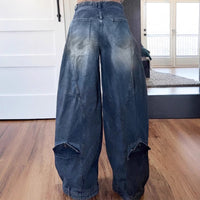 Washed Distressed Pocket Wide Loose Jeans Women