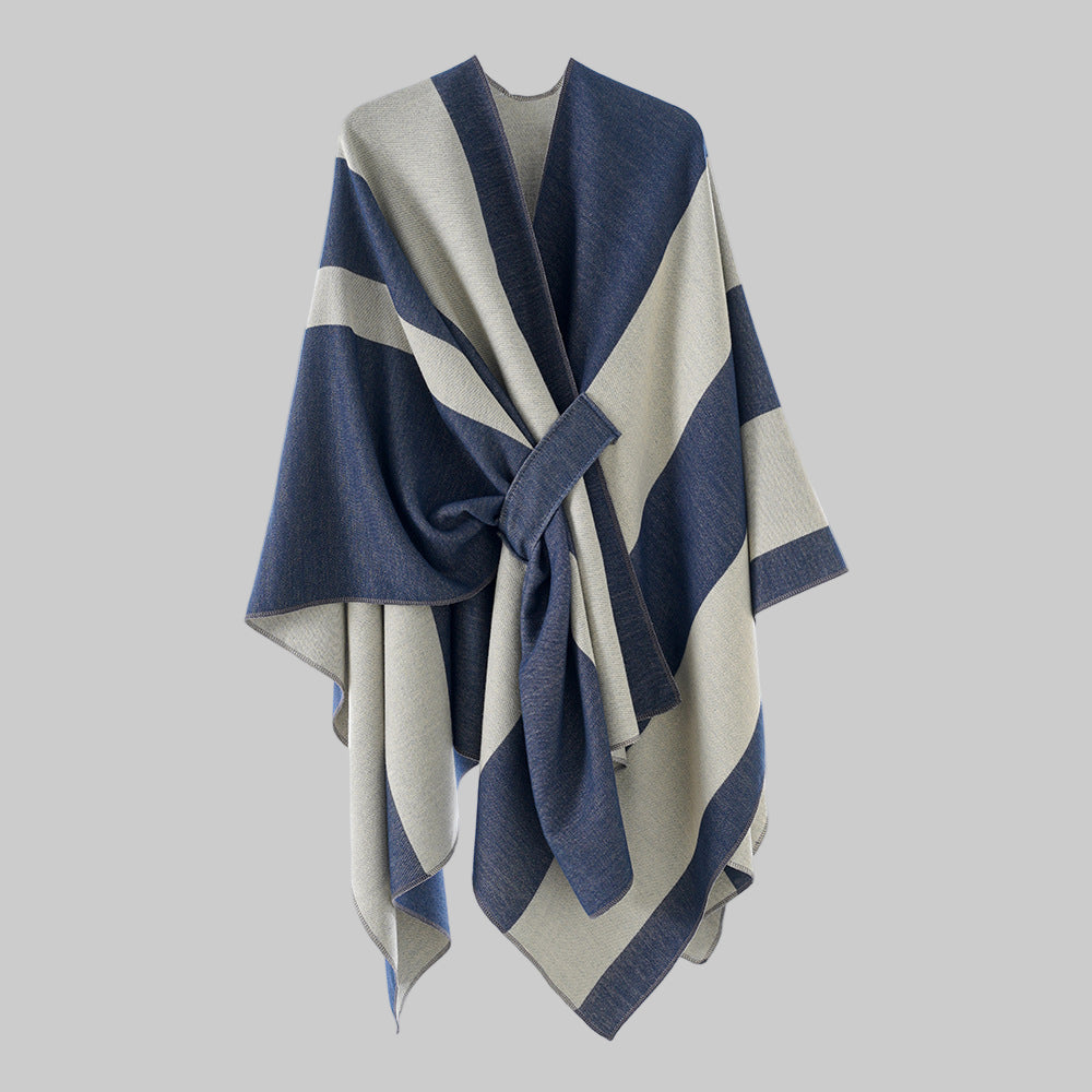 Double Sided Cape Shawl Outer Wear Women Striped Bar Shawl High Sense Cape Shawl
