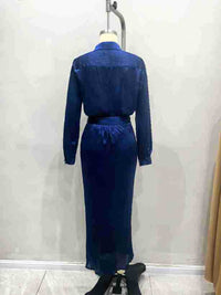 Two Piece Simple Elegant Office Drape Shirt High Waist Ruched Mid Length Skirt Two Piece Sets - Modestly Vogue 