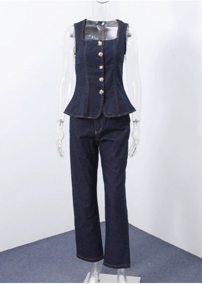 Women Modern Button High Waist Denim Top Trousers Set - Modestly Vogue 