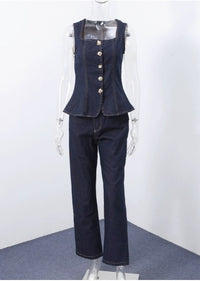 Women Modern Button High Waist Denim Top Trousers Set - Modestly Vogue 