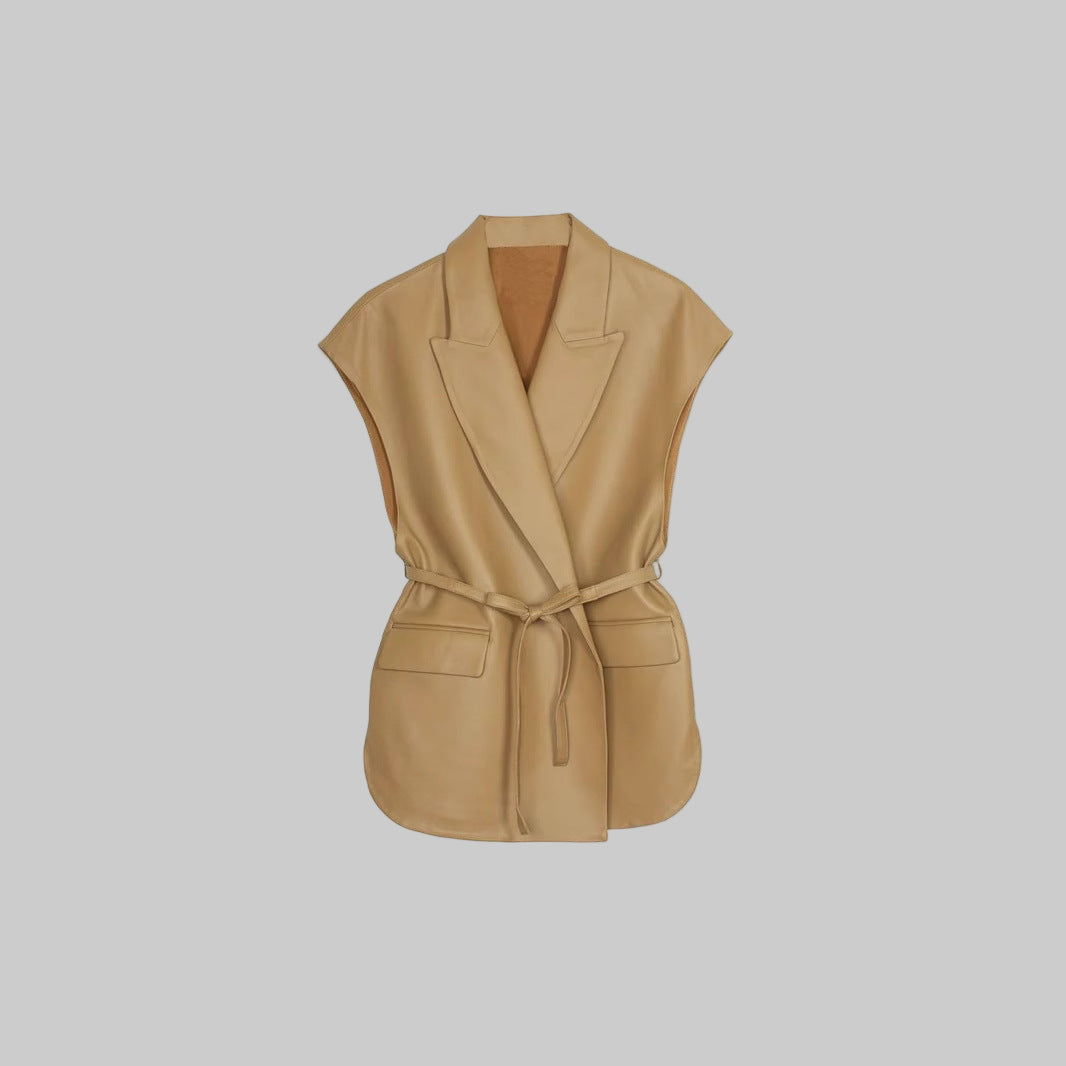 Collar Leather High Grade Sleeveless Lace up Waist Double Pocket Velvet Vest Jacket Coat - Modestly Vogue 