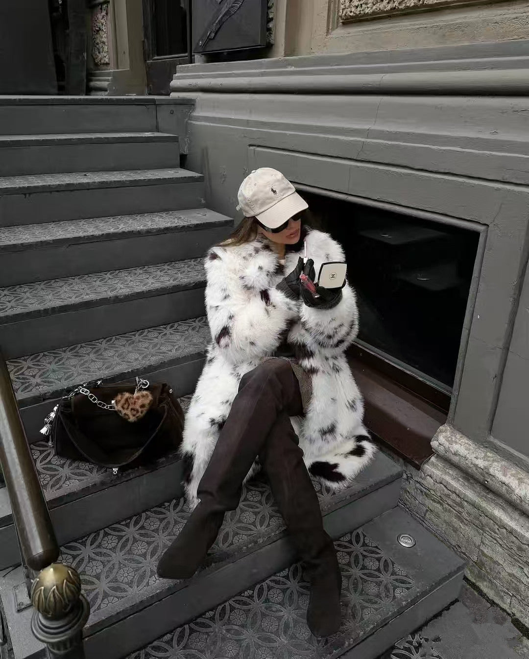 Faux Fur Coat Cow Point Printing Fox Fur Coat Extended Winter Environmental Protection Fur Coat - Modestly Vogue 