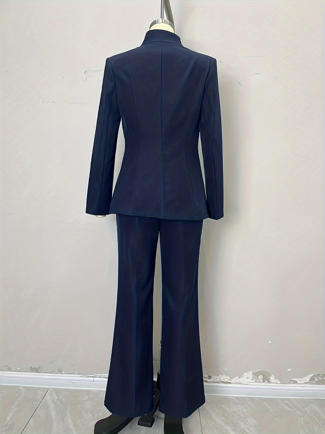 High End Stand Collar Single Button Slim Fit Figure Flattering Blazer with Bootcut Trousers Two Piece Sets - Modestly Vogue 