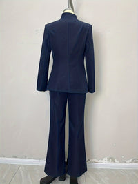 High End Stand Collar Single Button Slim Fit Figure Flattering Blazer with Bootcut Trousers Two Piece Sets - Modestly Vogue 