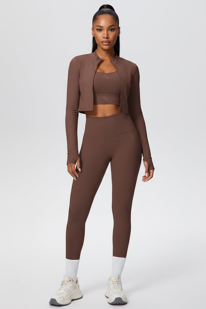Women Solid Color Zip Long Sleeve Three Piece Yoga Set - Modestly Vogue 