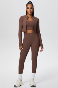 Women Solid Color Zip Long Sleeve Three Piece Yoga Set - Modestly Vogue 