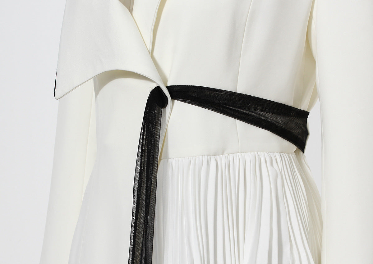 White and Black Asymmetric Pleated Elegant Ruffled Contrast Color Long Blazer Dress - Modestly Vogue 