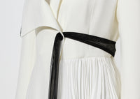 White and Black Asymmetric Pleated Elegant Ruffled Contrast Color Long Blazer Dress - Modestly Vogue 
