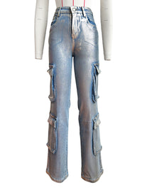 Blue Women Clothing Silver Craft Stretch Denim Multi Pocket Overalls - Modestly Vogue 
