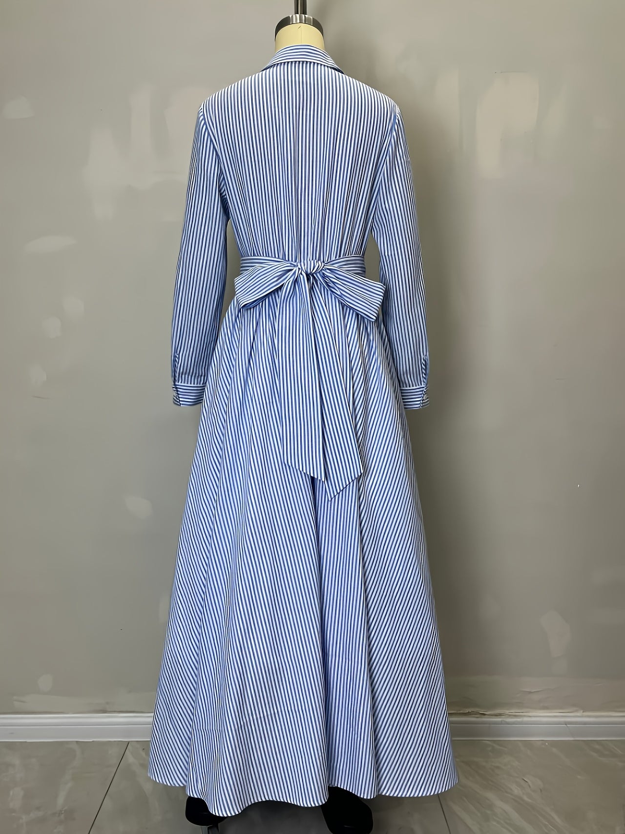 Polo Collar Elegant Cotton Polyester Striped Long Sleeved Pocket Cardigan Lace up Shirt Dress - Modestly Vogue 