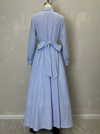 Polo Collar Elegant Cotton Polyester Striped Long Sleeved Pocket Cardigan Lace up Shirt Dress - Modestly Vogue 