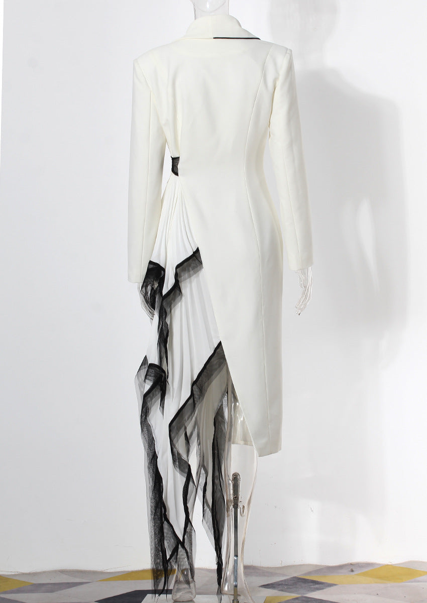 White and Black Asymmetric Pleated Elegant Ruffled Contrast Color Long Blazer Dress - Modestly Vogue 
