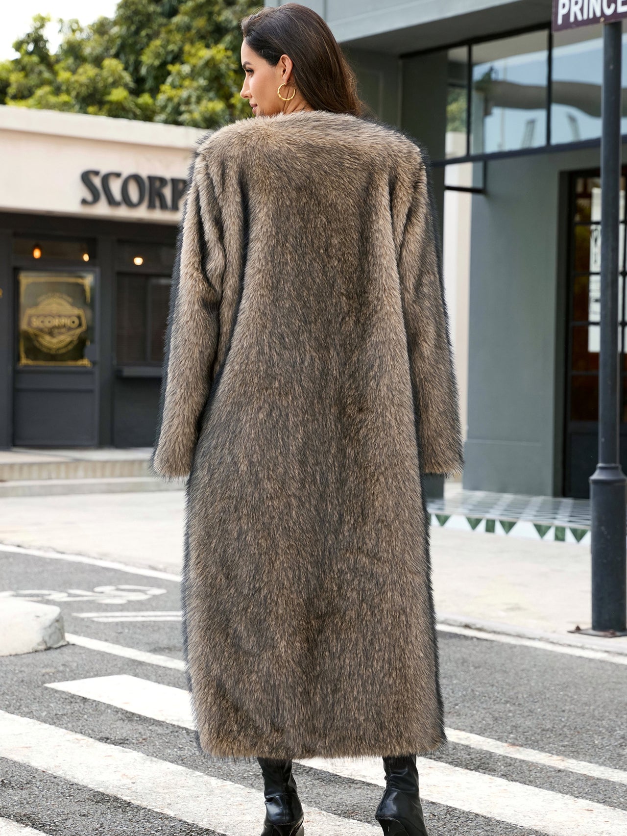 Collarless Faux Fur Coat Long Plush Coat - Modestly Vogue 