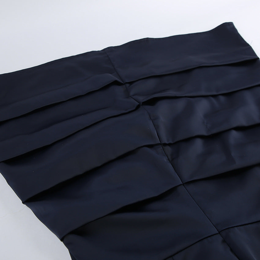 Autumn Winter Irregular Asymmetric Navy Blue Long-Sleeved Dress Women Slim Slimming Sheath - Modestly Vogue 