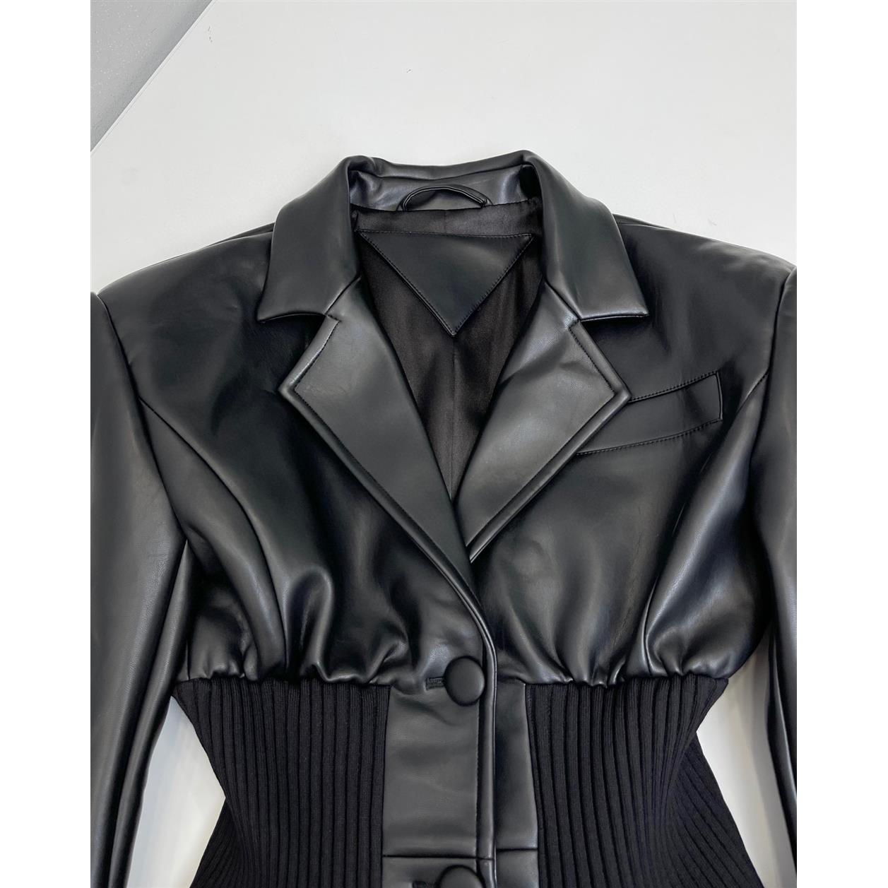 Black  Design Model Faux Leather Jacket Patchwork Knitted Super Tight Waist Contour - Modestly Vogue 