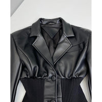 Black  Design Model Faux Leather Jacket Patchwork Knitted Super Tight Waist Contour - Modestly Vogue 