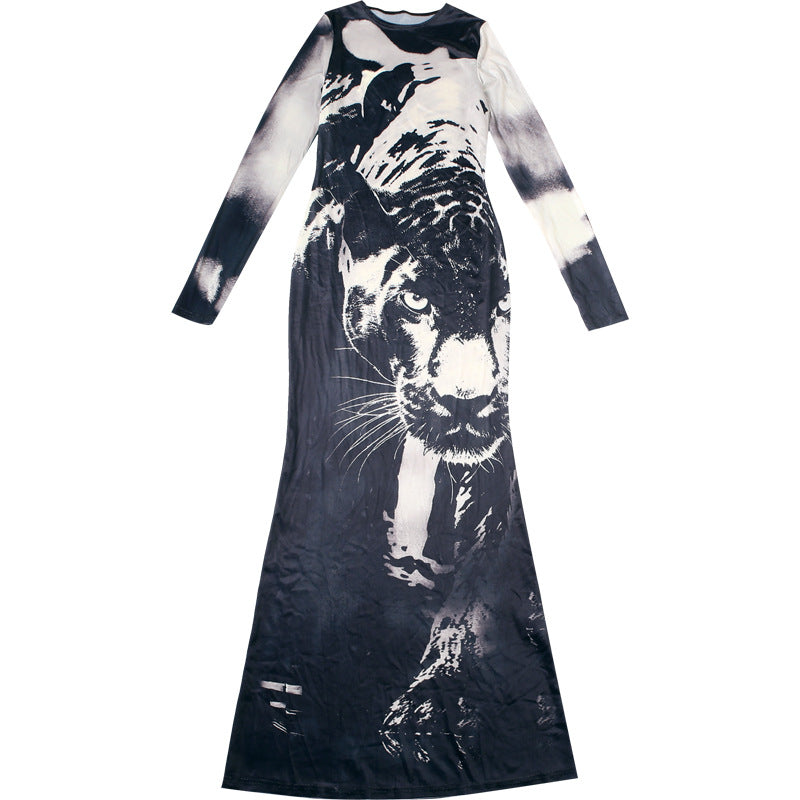 Animal Print Round Neck Long Sleeve Maxi Dress - Modestly Vogue 