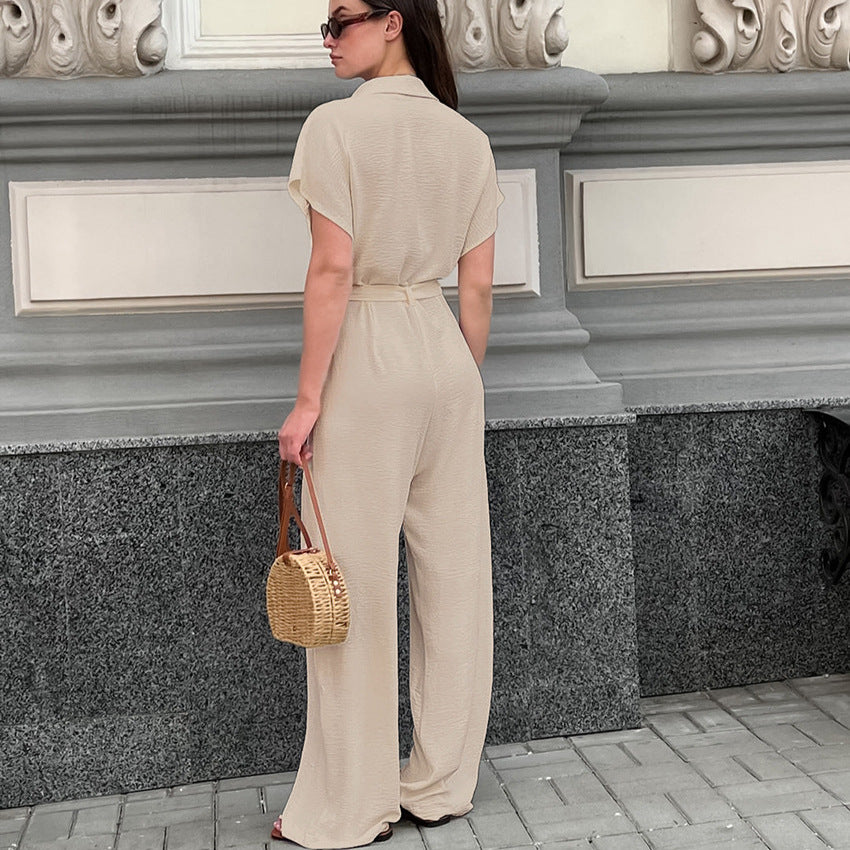 Light Khaki Textured Lace Up Waist Jumpsuit Short Sleeve Jumpsuit - Modestly Vogue 