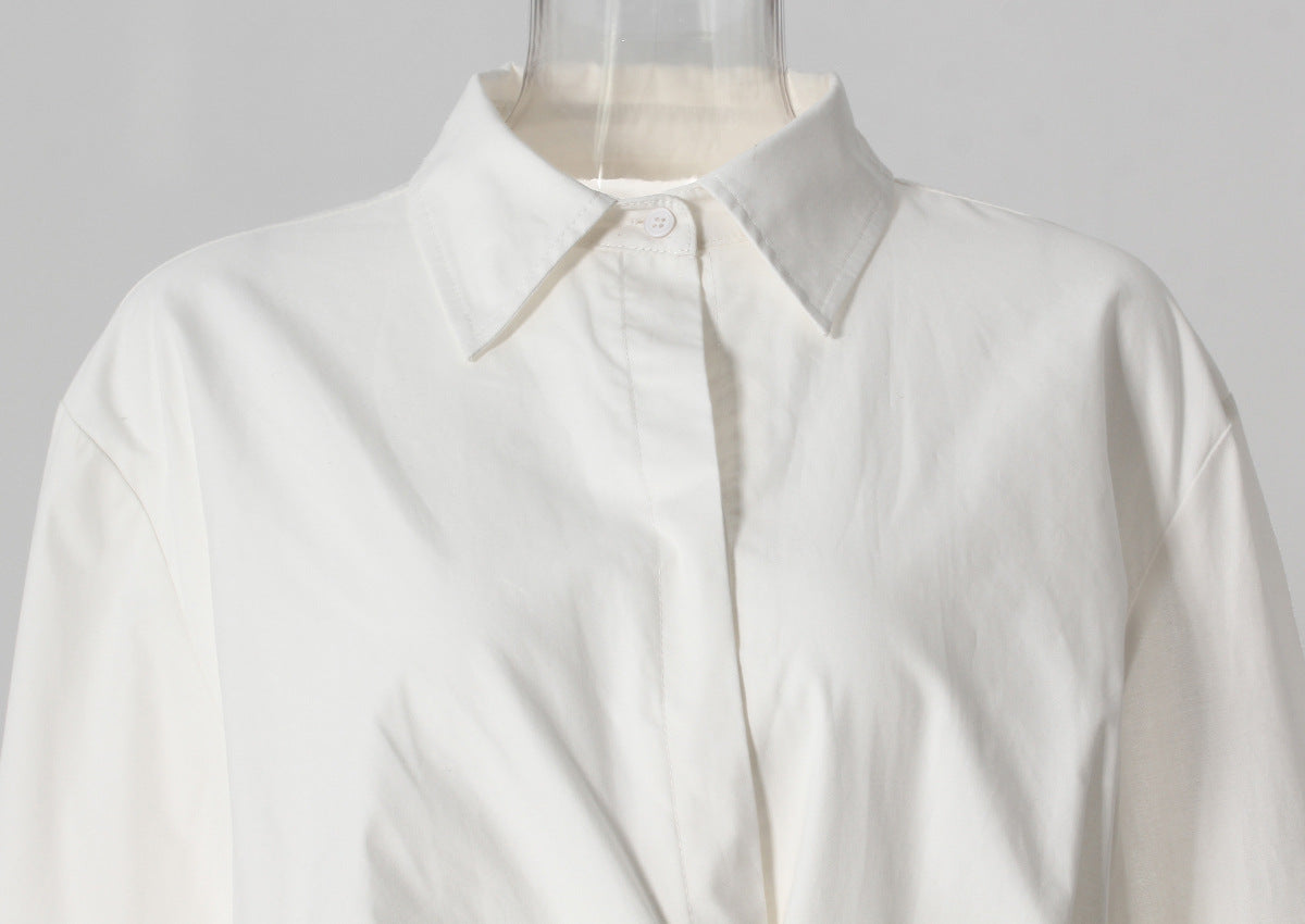 Pleated Waist Belted Mid-Length Shirt – White Casual Fashion Top - Modestly Vogue 