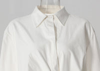 Pleated Waist Belted Mid-Length Shirt – White Casual Fashion Top - Modestly Vogue 