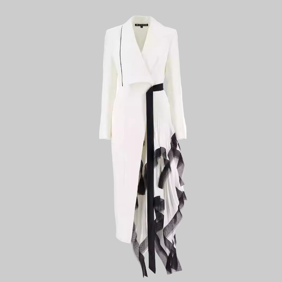 White and Black Asymmetric Pleated Elegant Ruffled Contrast Color Long Blazer Dress - Modestly Vogue 