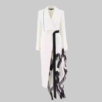 White and Black Asymmetric Pleated Elegant Ruffled Contrast Color Long Blazer Dress - Modestly Vogue 