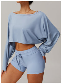 Off Shoulder Cropped Batwing Sleeve Long Sleeve Yoga Top - Modestly Vogue 