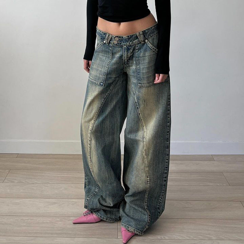 Distressed Split Pocket Jeans Low Waist Wide Leg Jeans - Modestly Vogue 