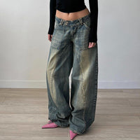 Distressed Split Pocket Jeans Low Waist Wide Leg Jeans - Modestly Vogue 